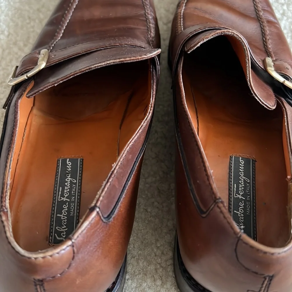 Salvatore Ferragamo Chestnut Brown Leather Slip-On Loafers with Gold Buckles